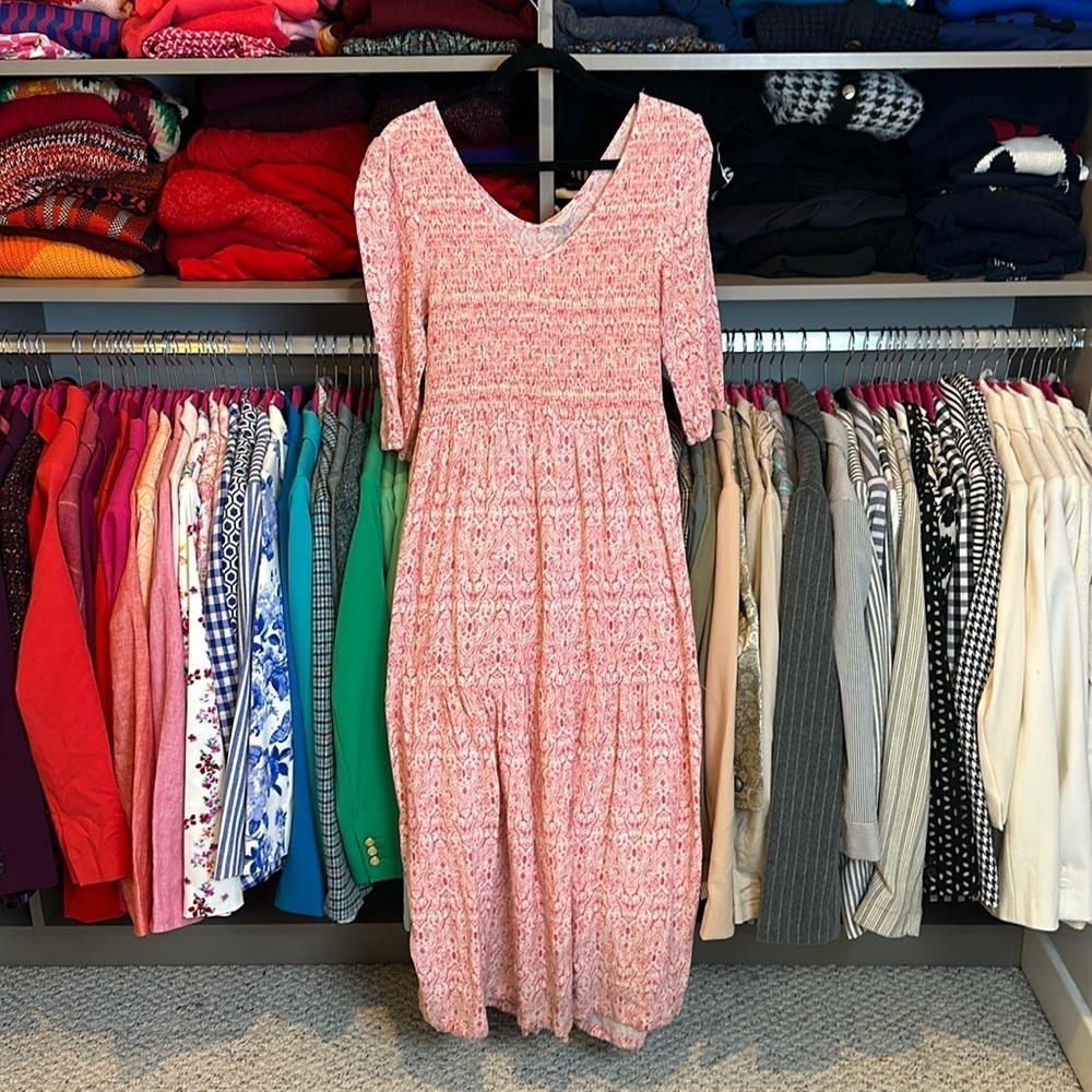 Caslon pink and ivory print long sleeve v neck 3/4 sleeve maxi dress size S